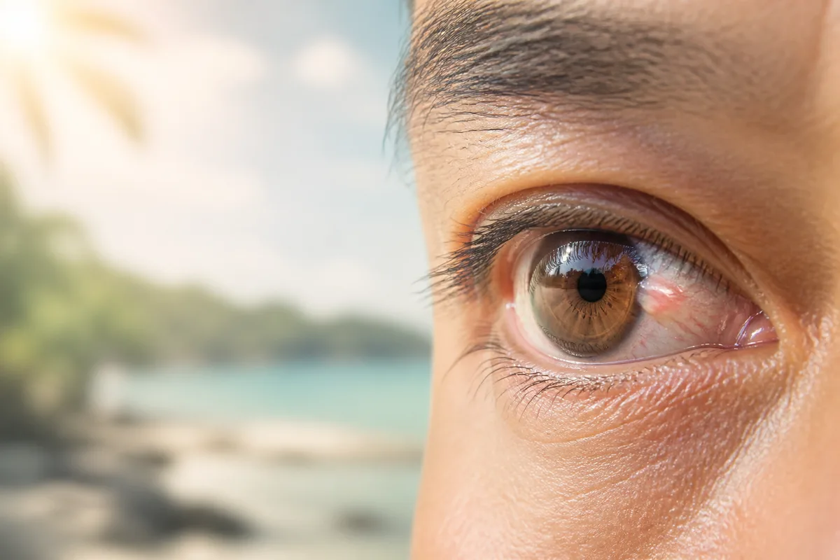 Detalle clínico de un ojo con pterigión en un entorno costero