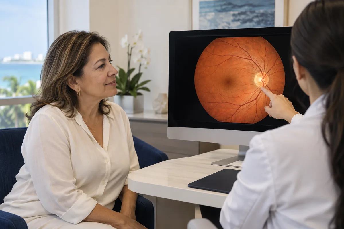 Paciente observando una imagen de la retina durante una consulta oftalmológica; imagen ilustrativa.